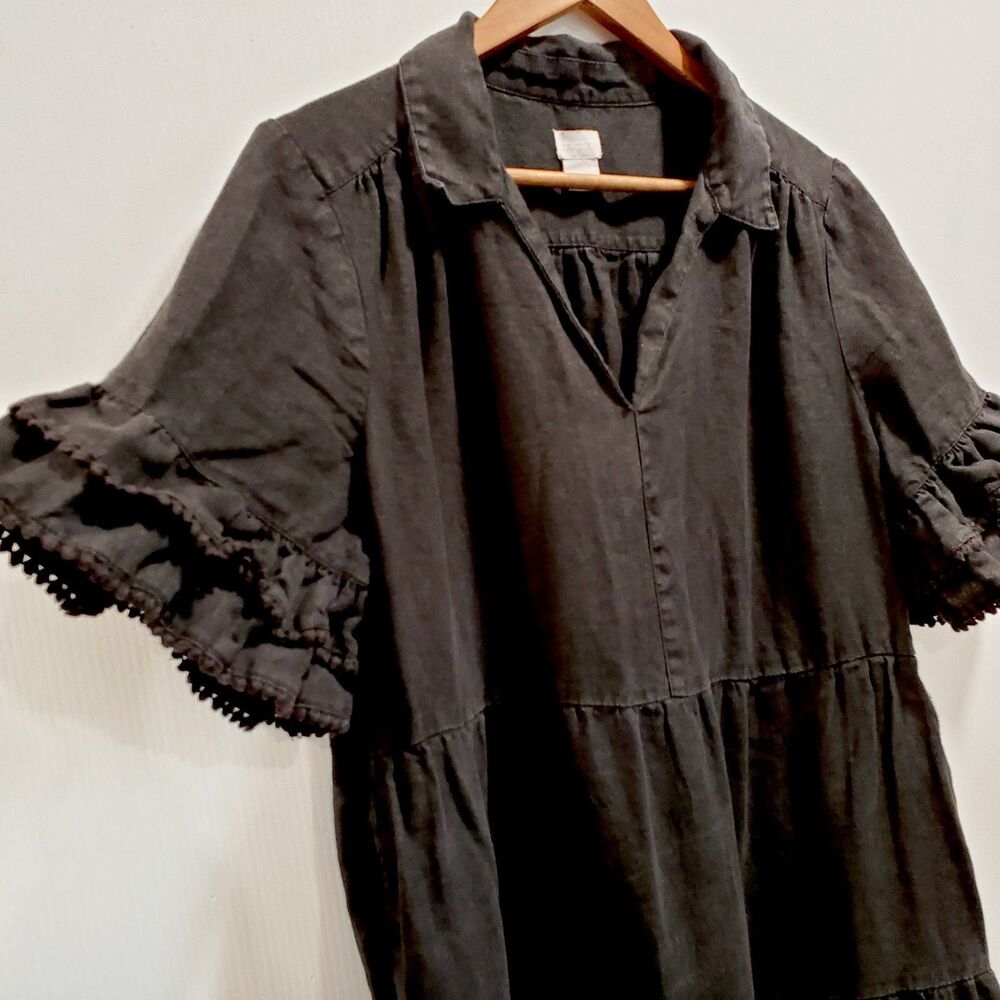 Chicos Dress 100% Linen Tiered Maxi Dress Size 2 Large Black Boho Lagenlook - Picture 7 of 7